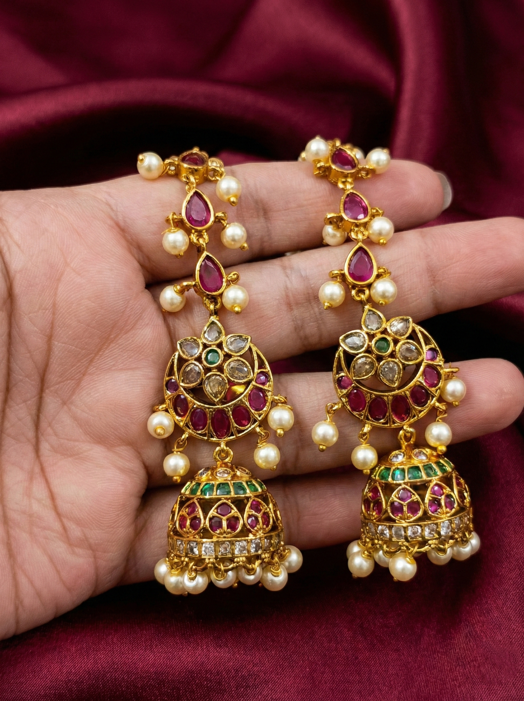 Traditional Kemp Stone Jhumka Attached Mattal Earring V2