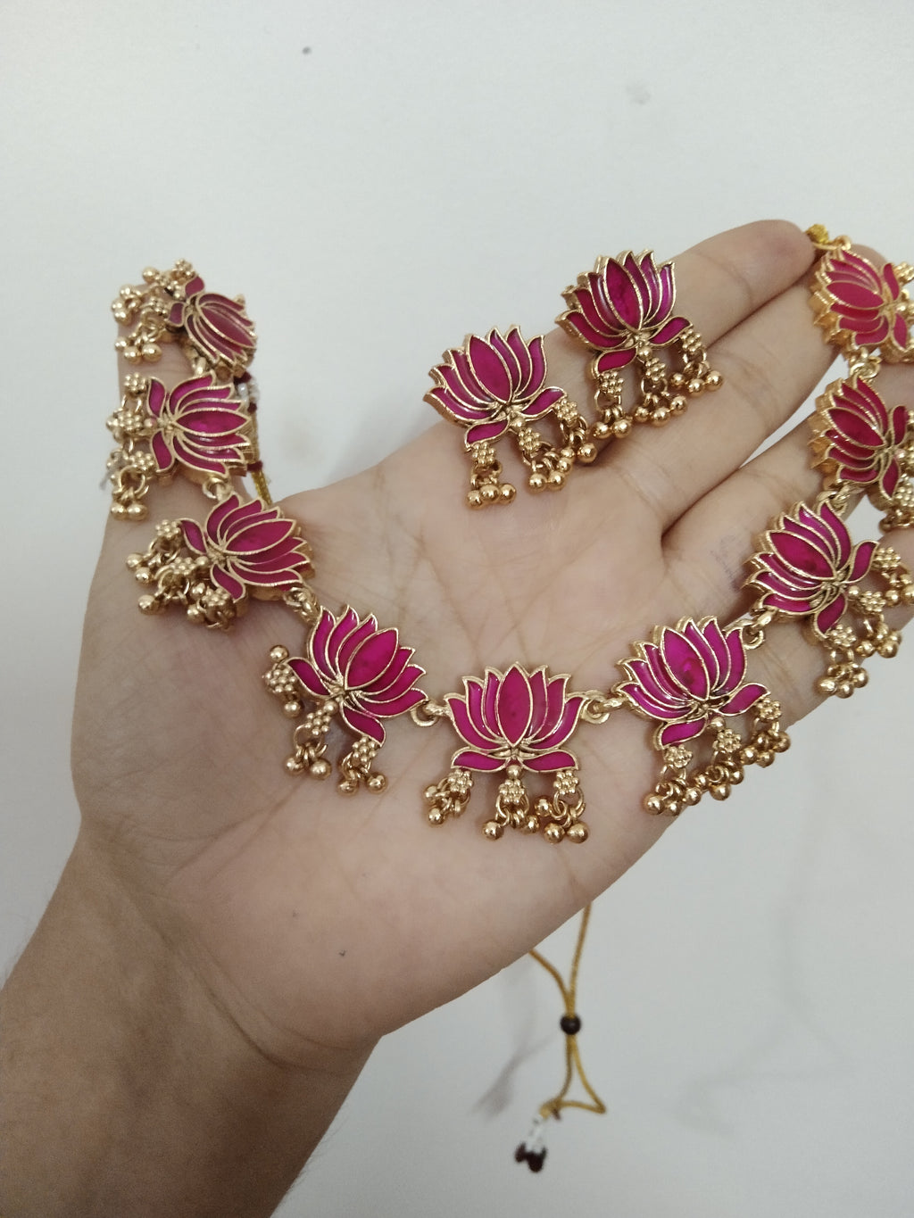 Lotus with Golden Beads Drop Necklace
