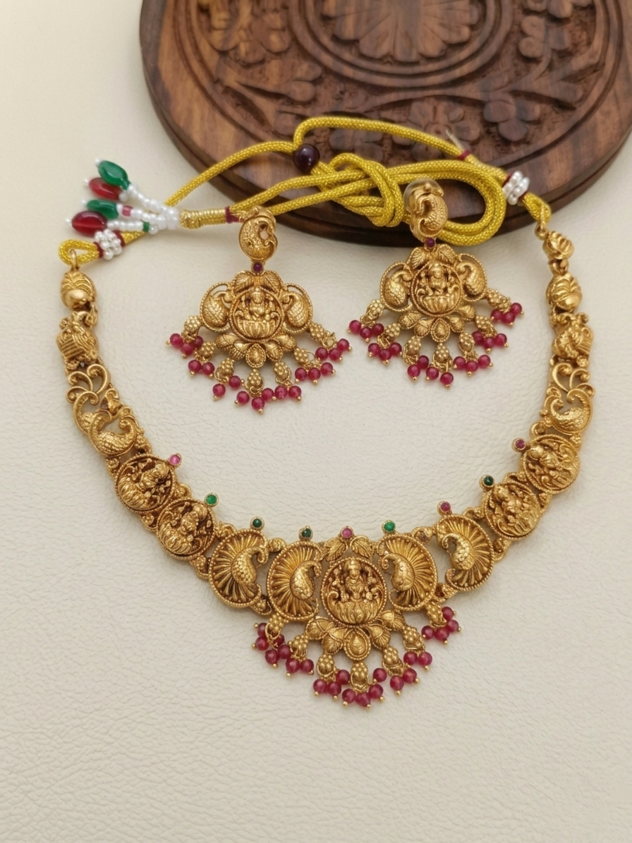 Matte Finish Nagas Lakshmi Necklace Set V18