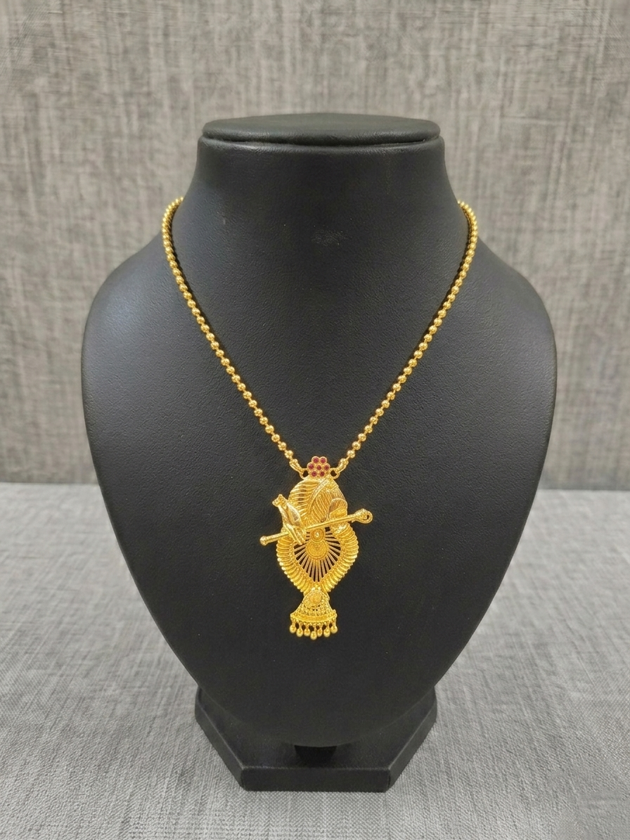 Micro Polish Krishna Flute Pendant Mid Long Necklace Set