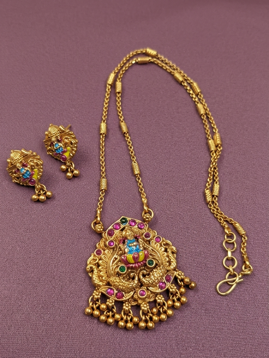 Enamel Lakshmi Pendant Mid Long Necklace Set V18