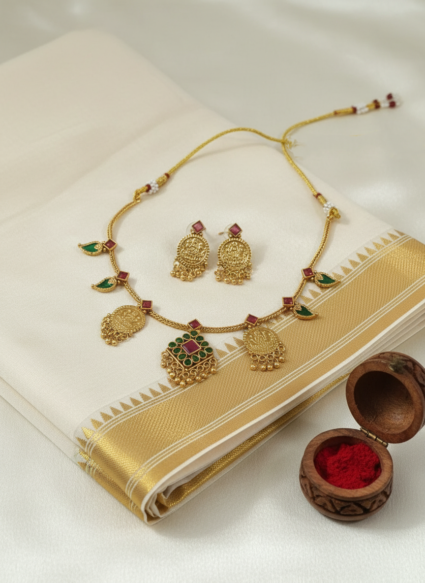 Fusion Lakshmi Coin Kemp stone Necklace Set