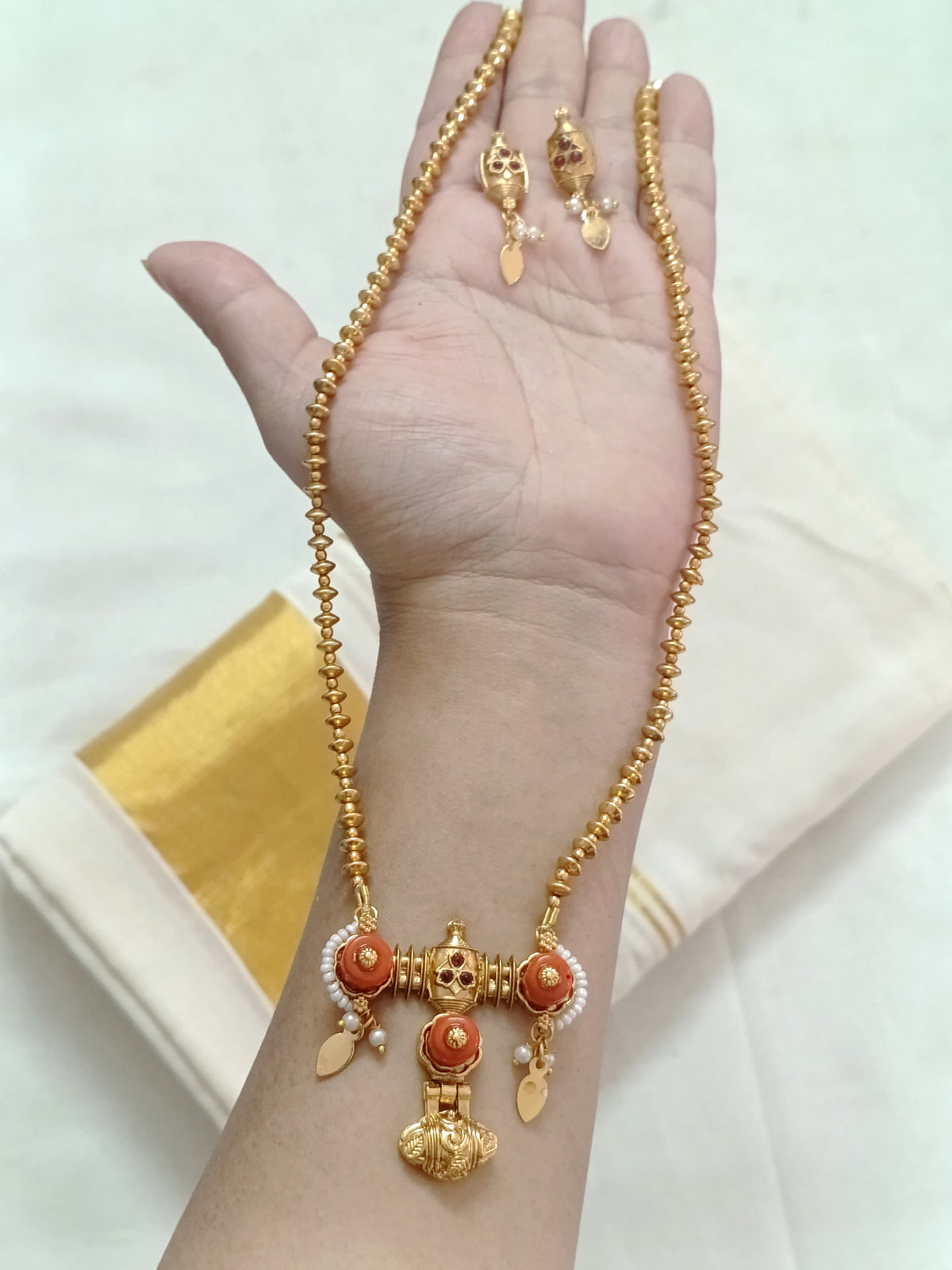 Coral Pendant Mid Long Necklace Set