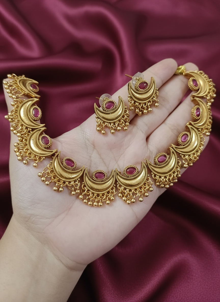 Half moon Necklace With Golden Beads