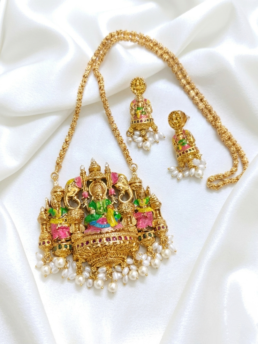 Enamel Lakshmi Pendant Long Necklace Set