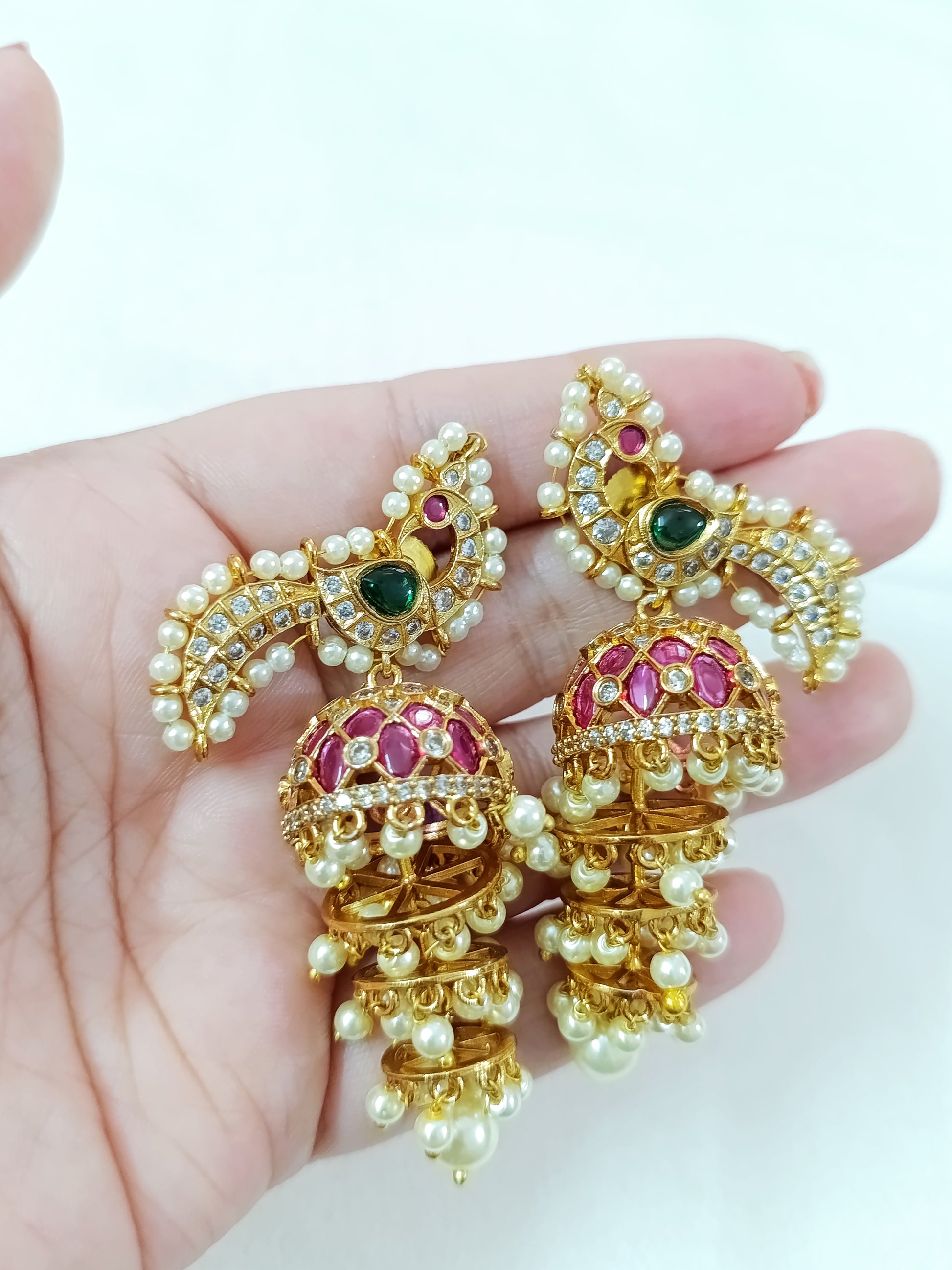 Peacock Kemp Pearl Layer Jhumka