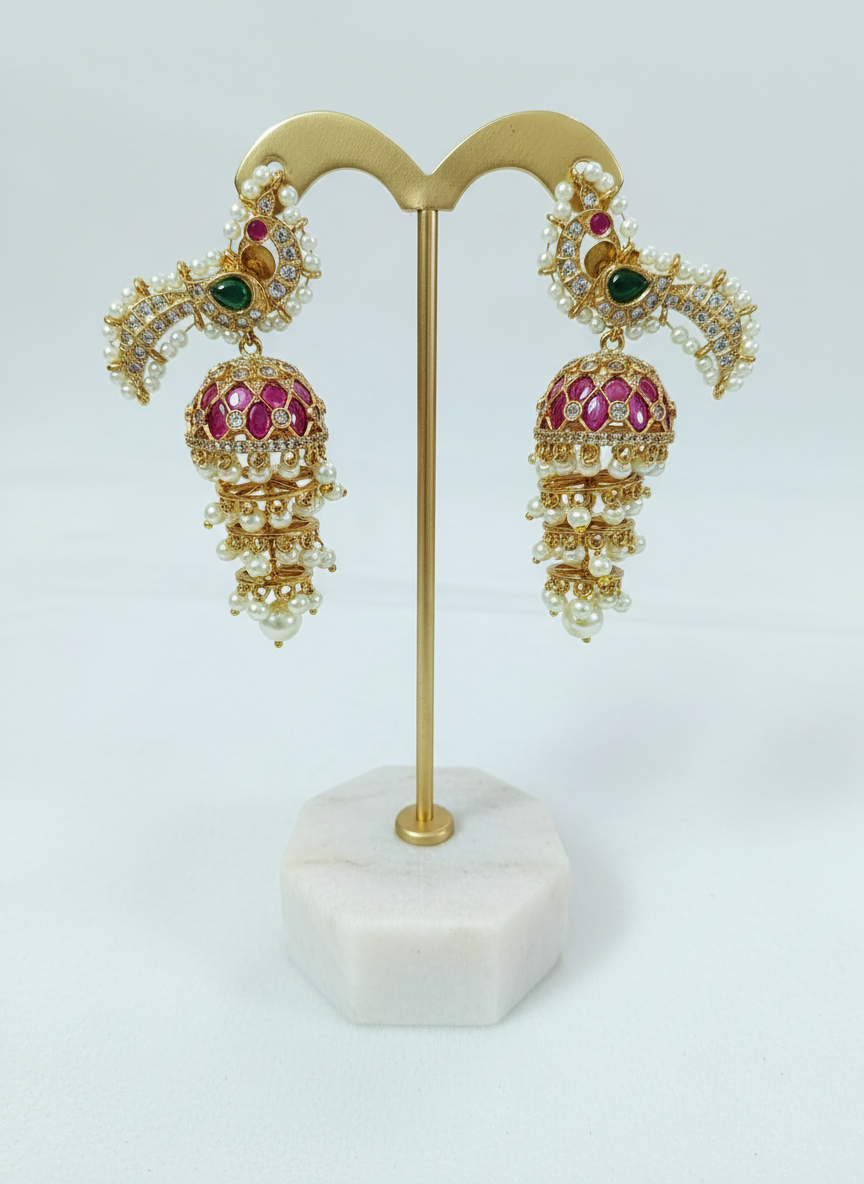 Peacock Kemp Pearl Layer Jhumka