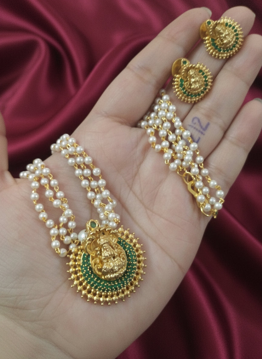 Multi Layer Pearl chain with Lakshmi Pendant long necklace set