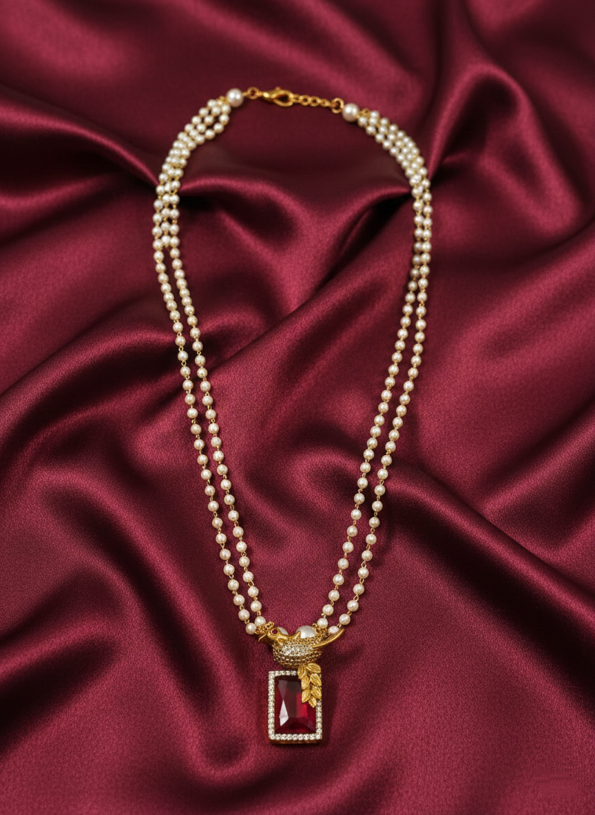 AD Pendant Pearl Mid Long Necklace Set