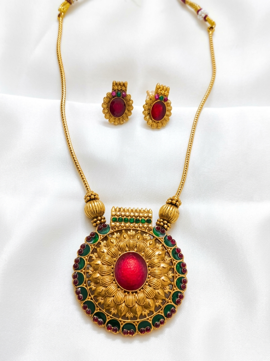 Low Budget Palakka Pendant Mid Long Necklace Set V4