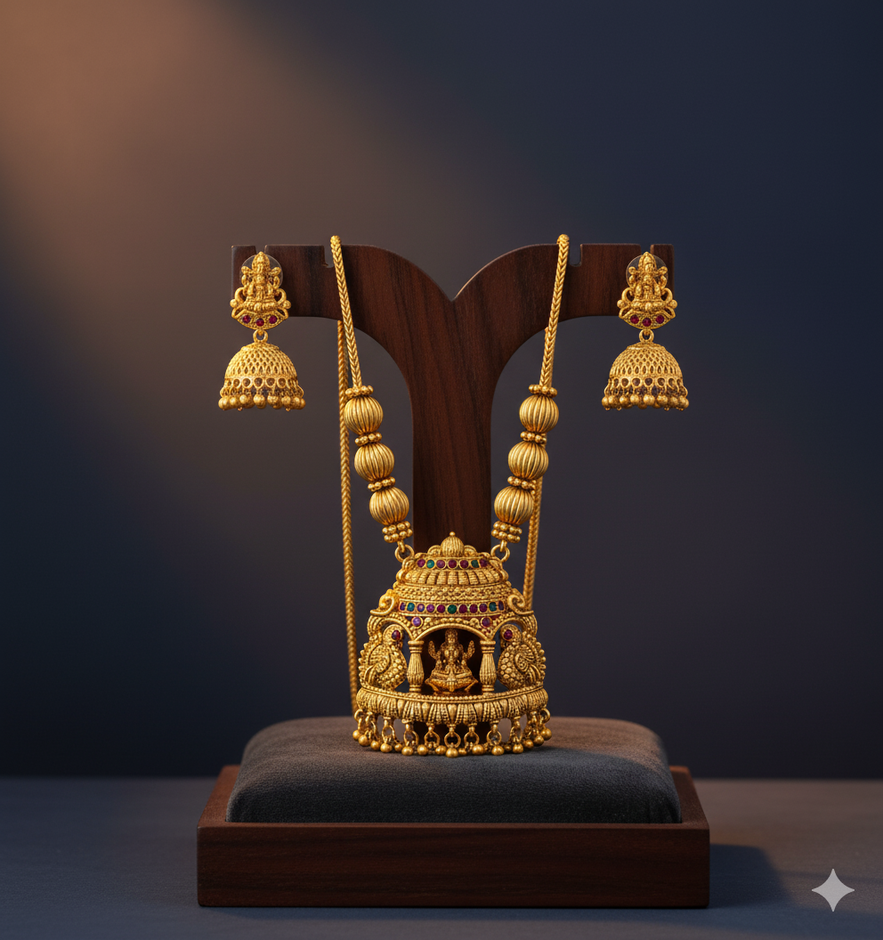 3D Lakshmi Pendant Long Necklace Set