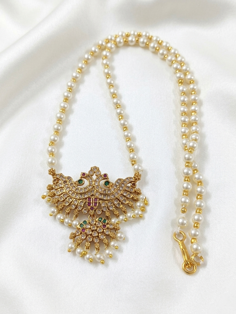 Peacock Pendant Pearl Mid Long Necklace Set V2