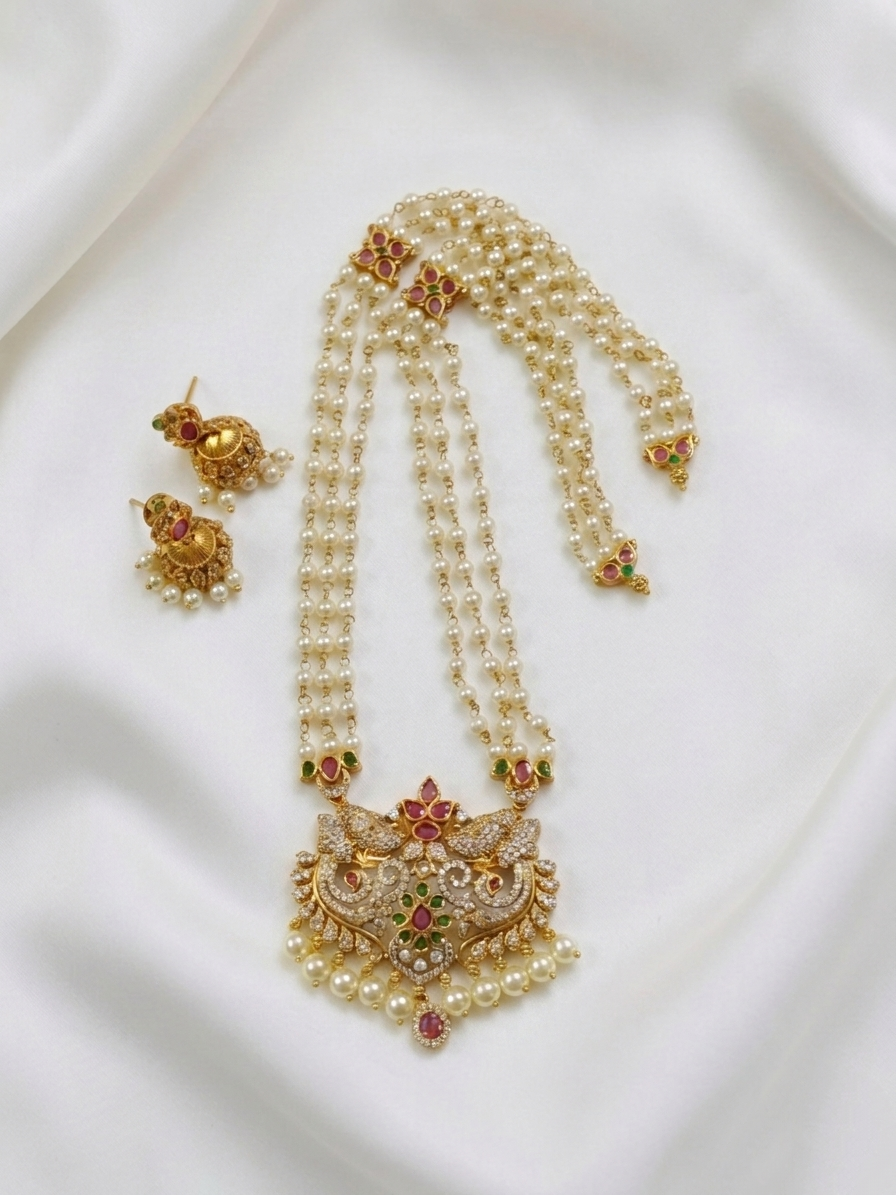 Multi Layer Pearl AD Pendant Long Necklace Set