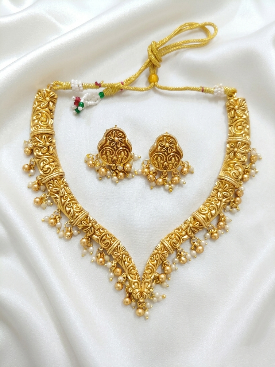 Low Budget Matte Finish Pearl Drop Hasli Necklace Set