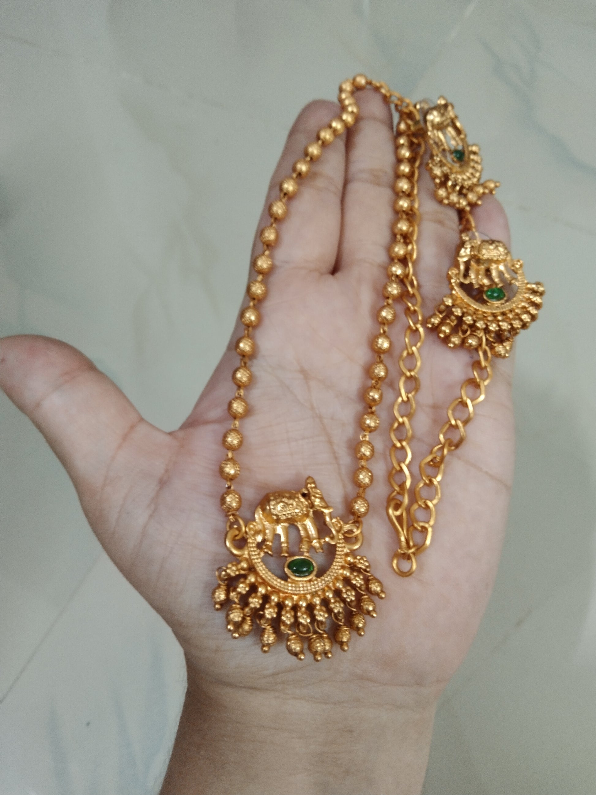 Gold Beads Elephant Pendant Chain Set