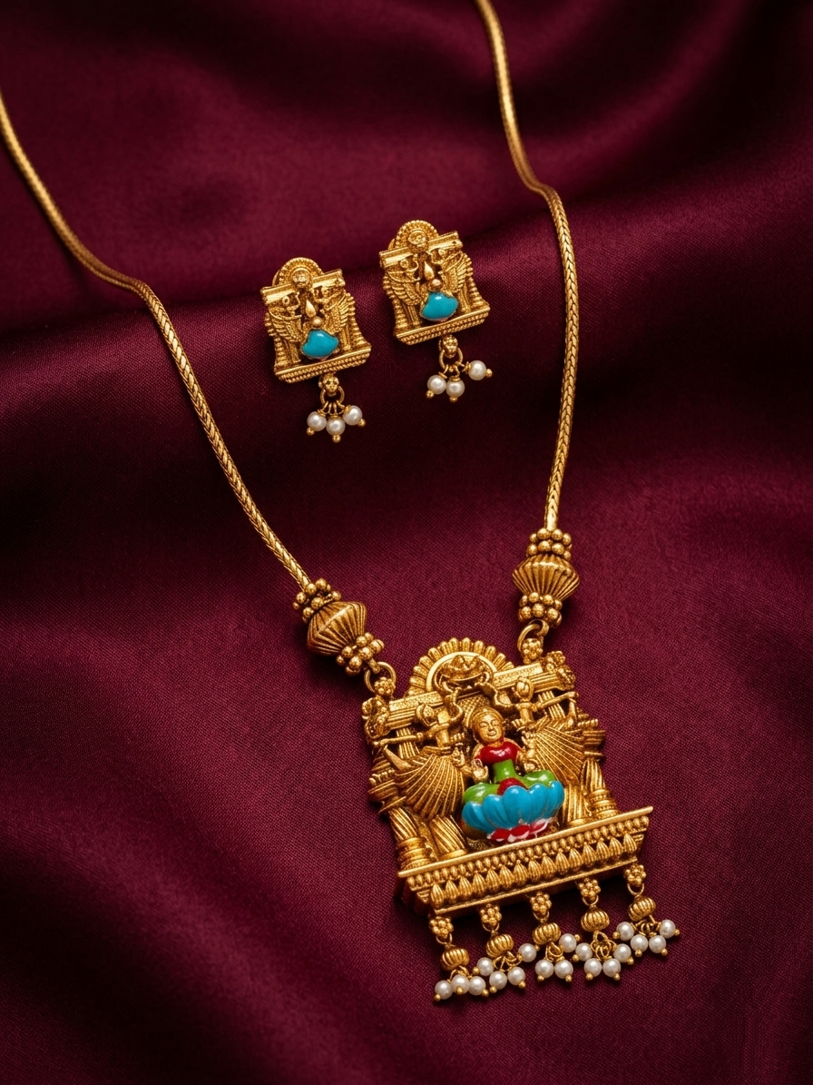 Enamel Lakshmi Pendant Mid Long Necklace Set V5