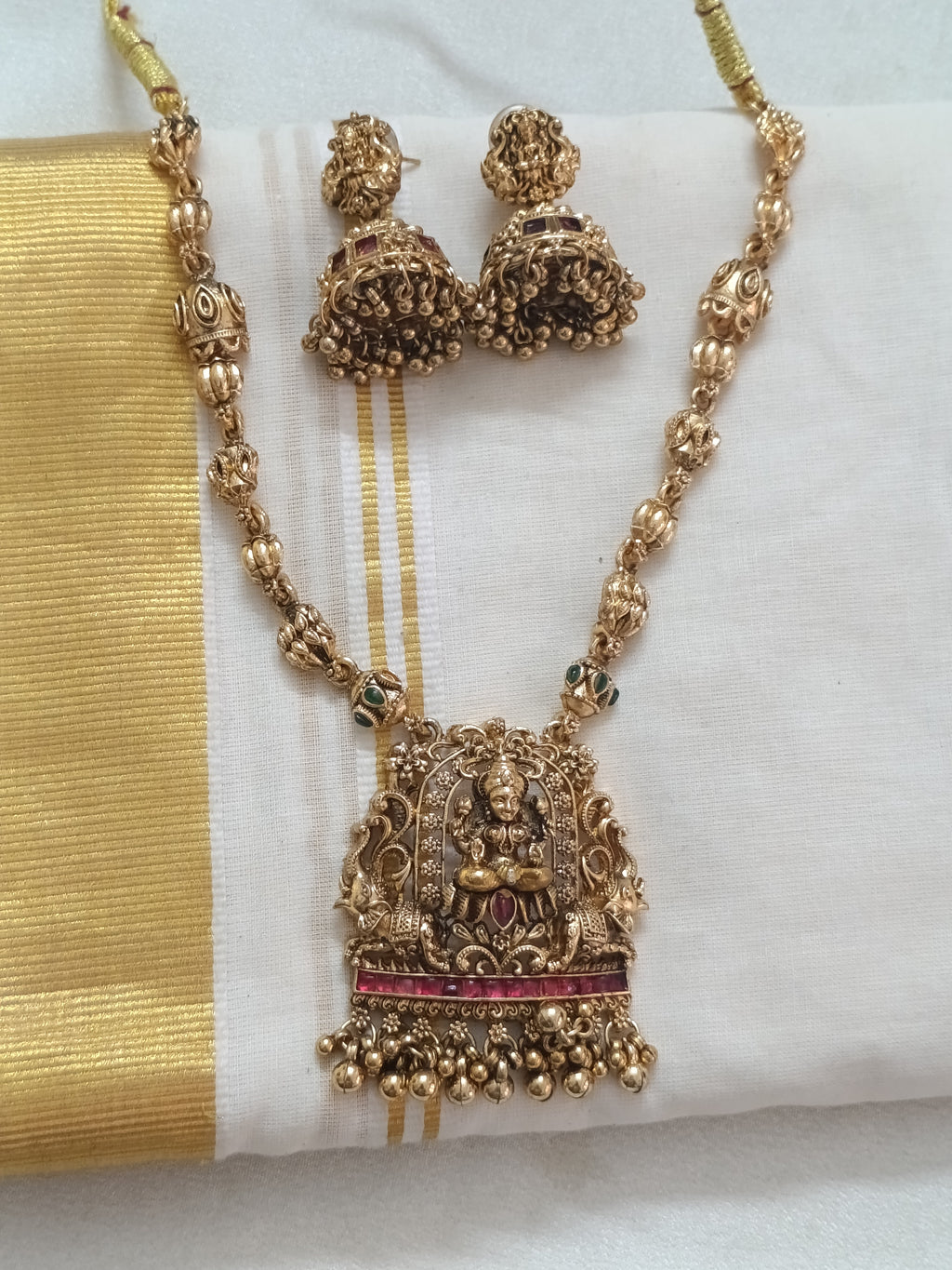Temple Lakshmi Pendant Mid Long Necklace Set V6