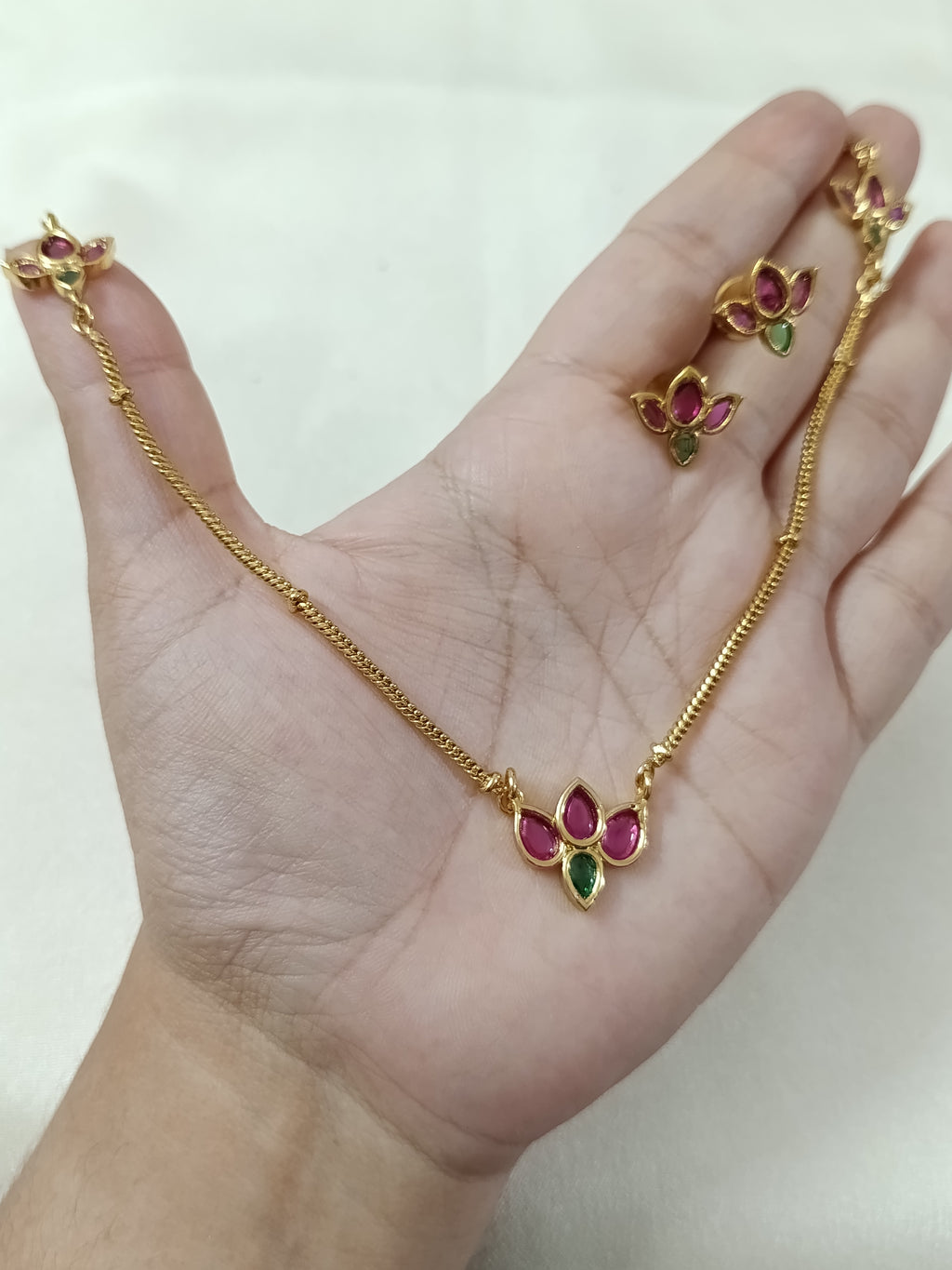 Ruby Emerald Lotus Chain Necklace Set