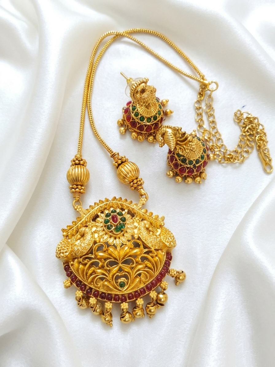 Matte Finish Non Idol Pendant Mid Long Necklace Set V120