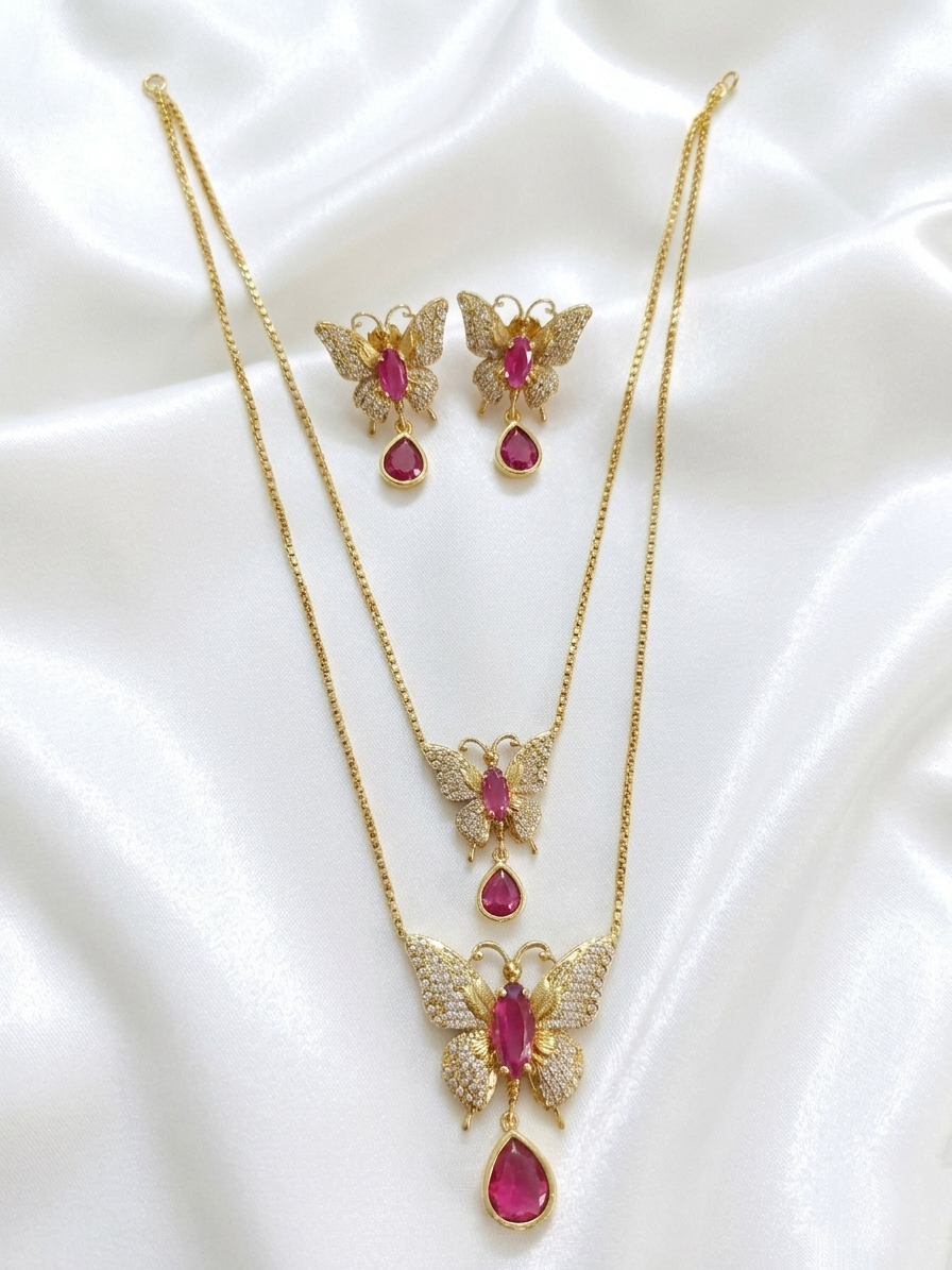 2 Layer AD Butterfly Long Necklace Set
