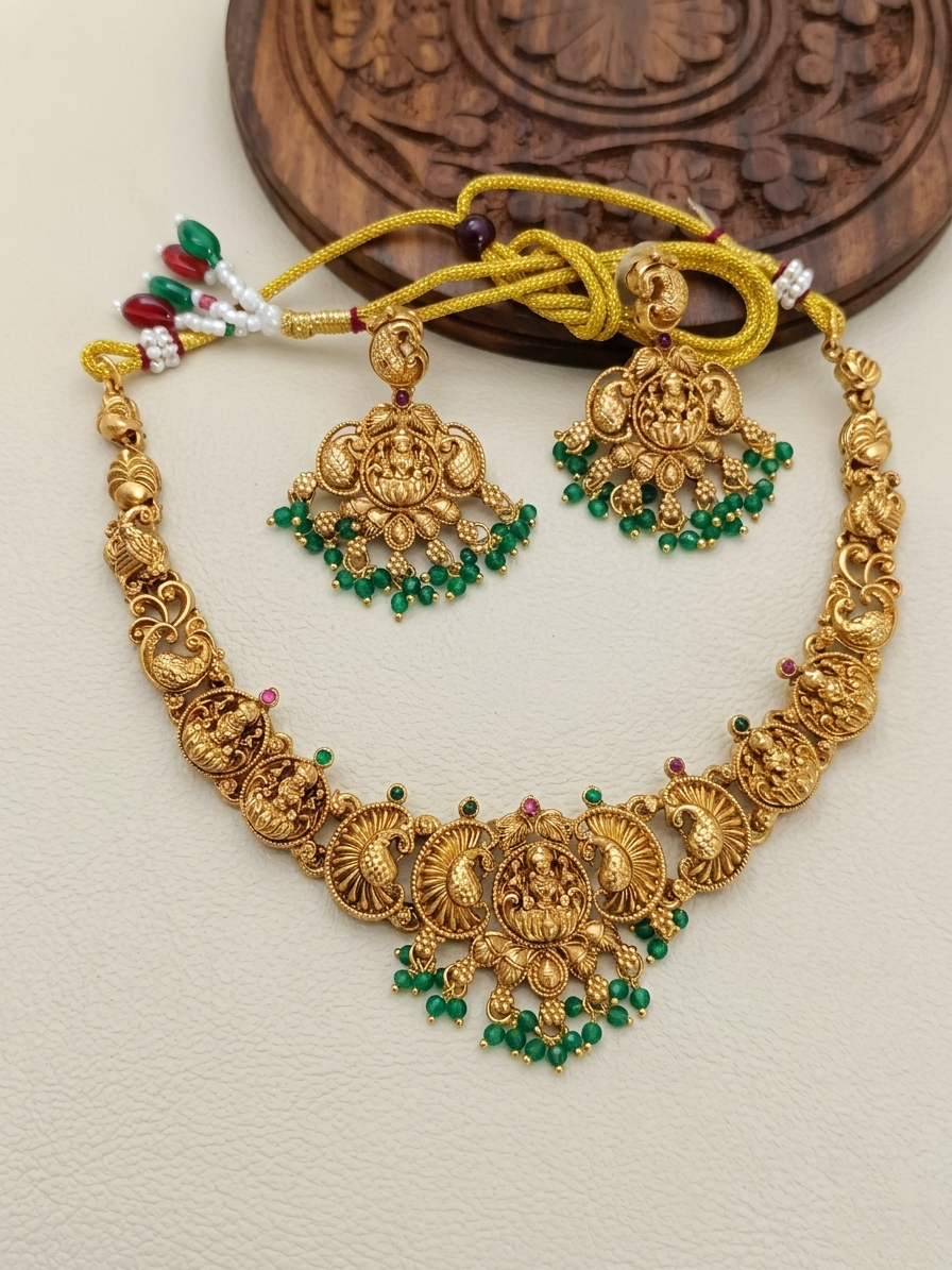 Matte Finish Nagas Lakshmi Necklace Set V18