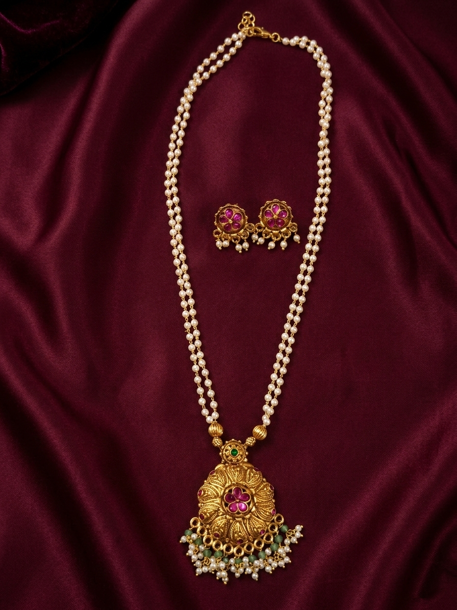Non Idol Pendant Pearl Mid Long Necklace Set V13