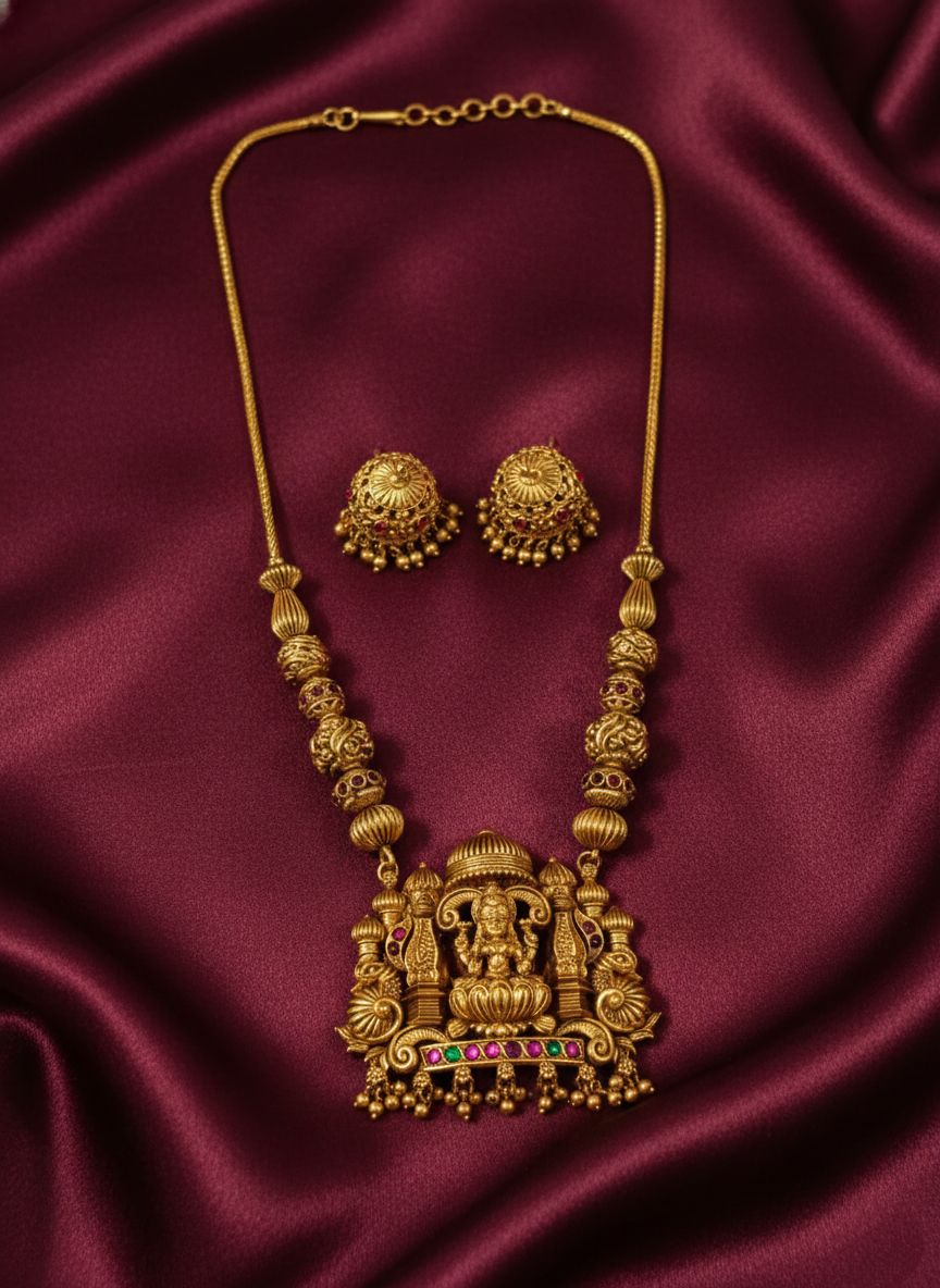 Temple Lakshmi Pendant Mid Long Necklace Set