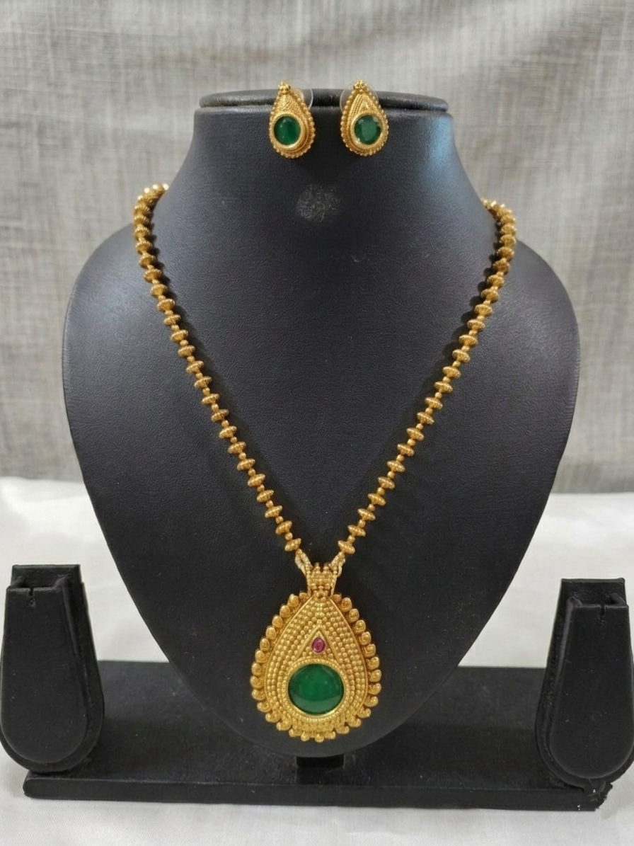 Matte Finish Palakka Pendant Mid Long Necklace Set V2