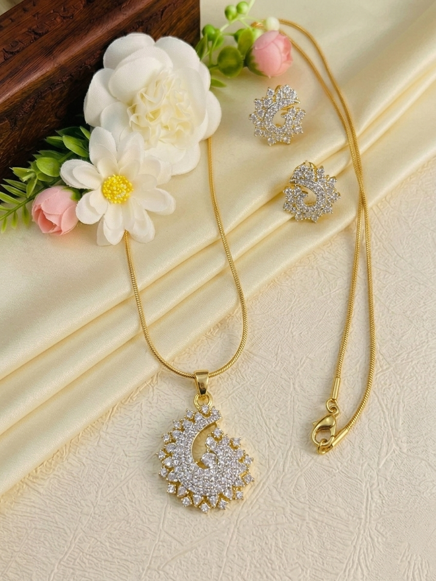 Diamond Replica Pendant Mid Long Necklace Set V9
