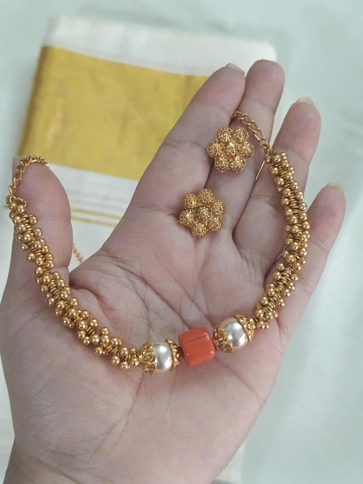 Coral Gold Bead Choker Set