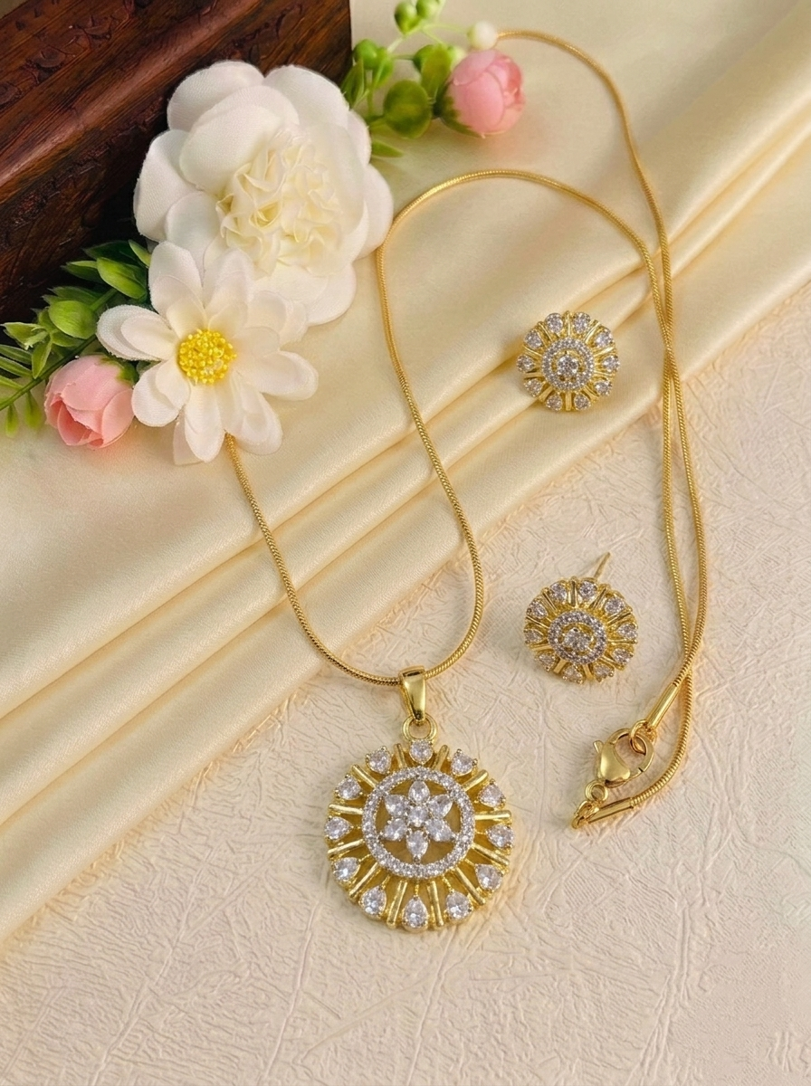 Diamond Replica Pendant Mid Long Necklace Set V13