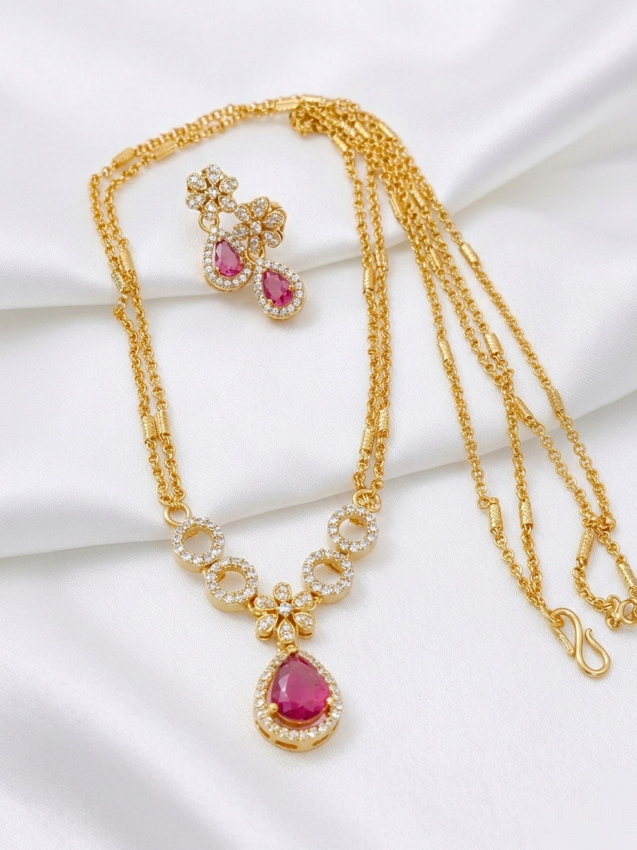 Non AD Pendant Mid Long Necklace Set