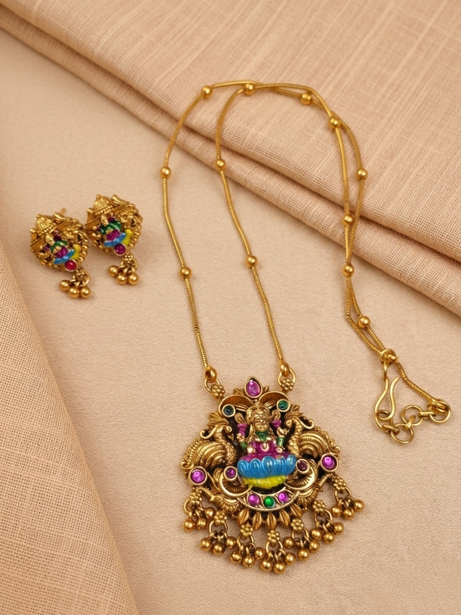 Enamel Lakshmi Pendant Mid Long Necklace Set V24