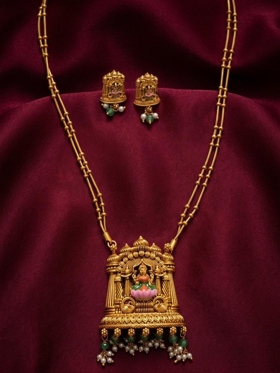 Enamel Lakshmi Pendant Mid Long Necklace Set V4