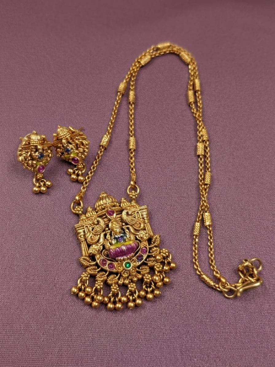 Enamel Lakshmi Pendant Mid Long Necklace V19