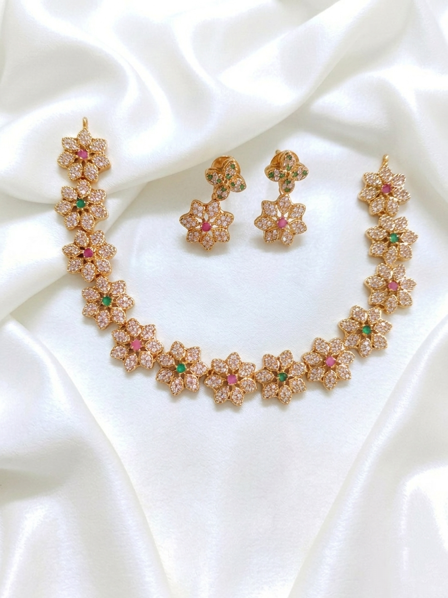 Matte Finish AD Flower Necklace Set V122