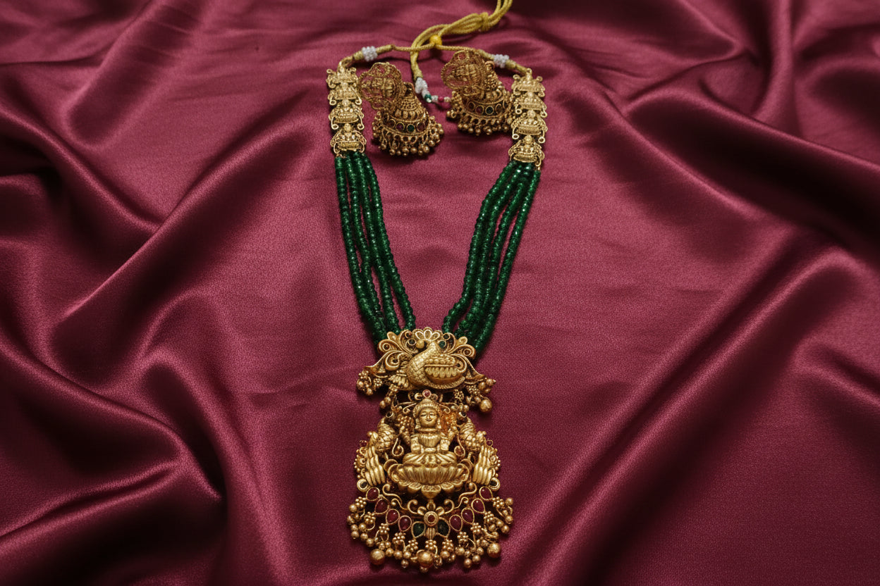 Lakshmi Peacock Pendant Green Bead Long Necklace