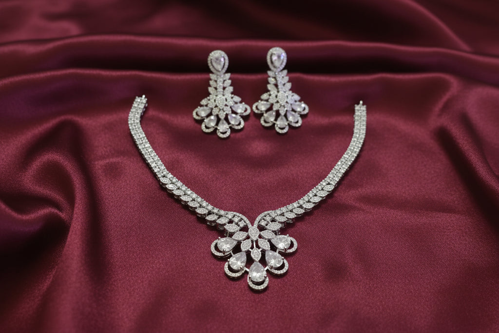 Rhodium Polish AD Flower Necklace Set