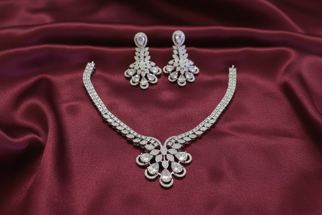 Rhodium Polish AD Flower Necklace Set