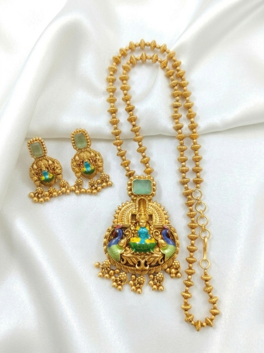 Enamel Lakshmi Pendant AD Stone Mid Long Necklace Set V1