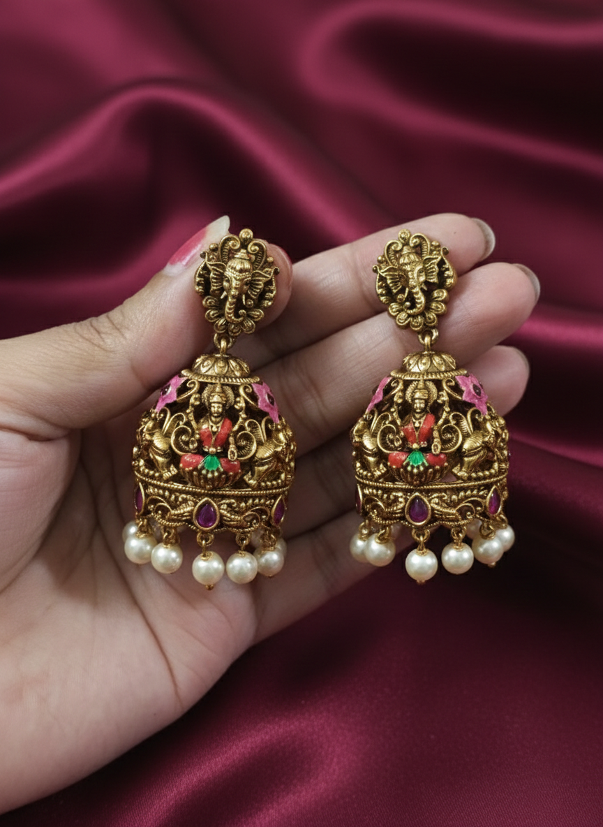 Premium Quality Ganesh Lakshmi Enamel Jhumka