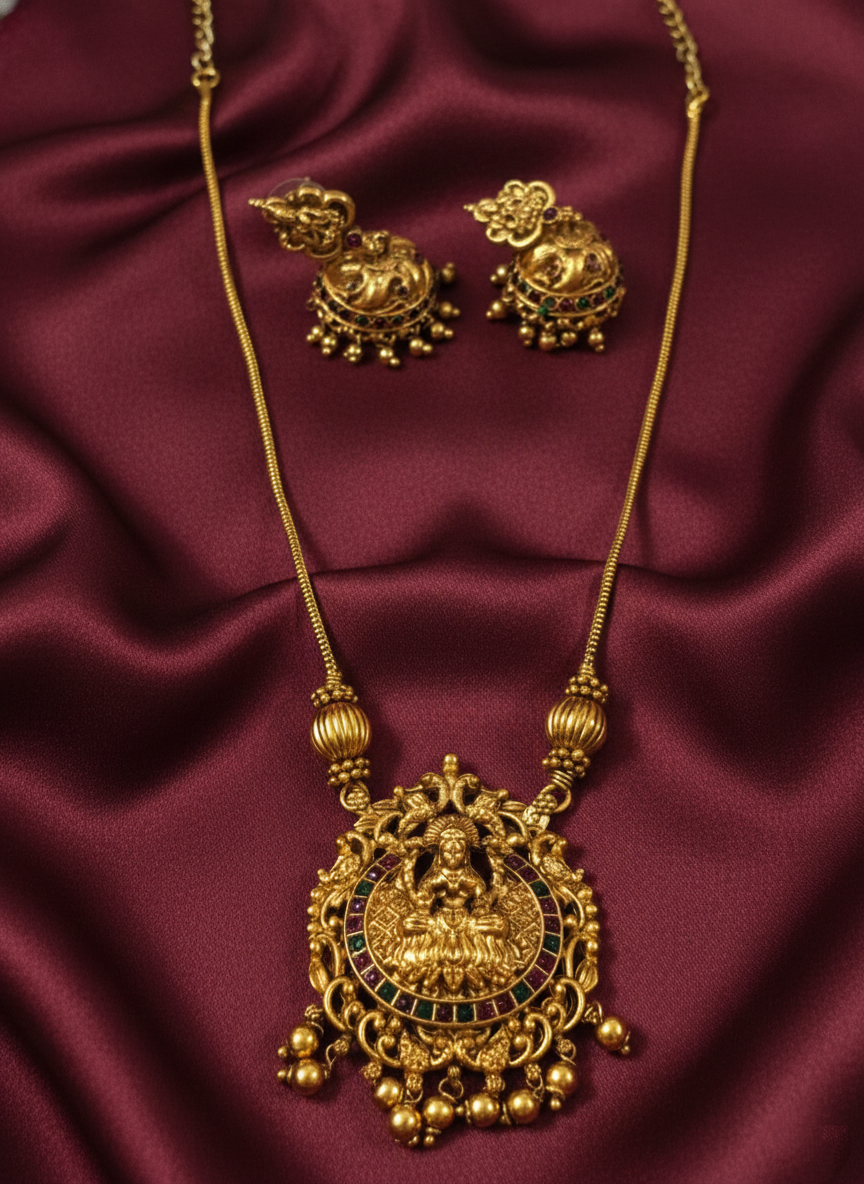 Low Budget Lakshmi Pendant Mid Long Necklace Set