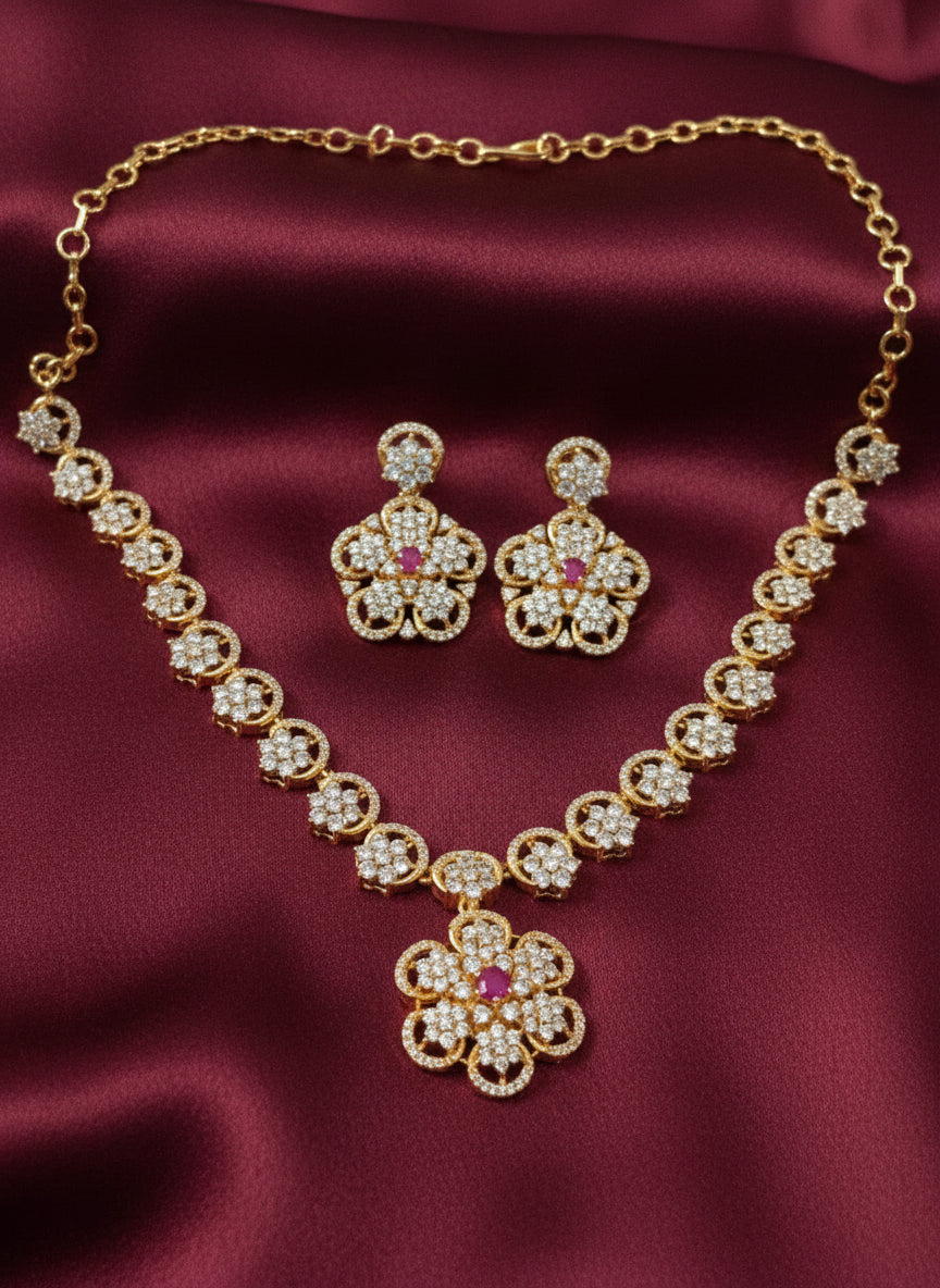Micro Polish AD Flower Necklace Set with Back Chain