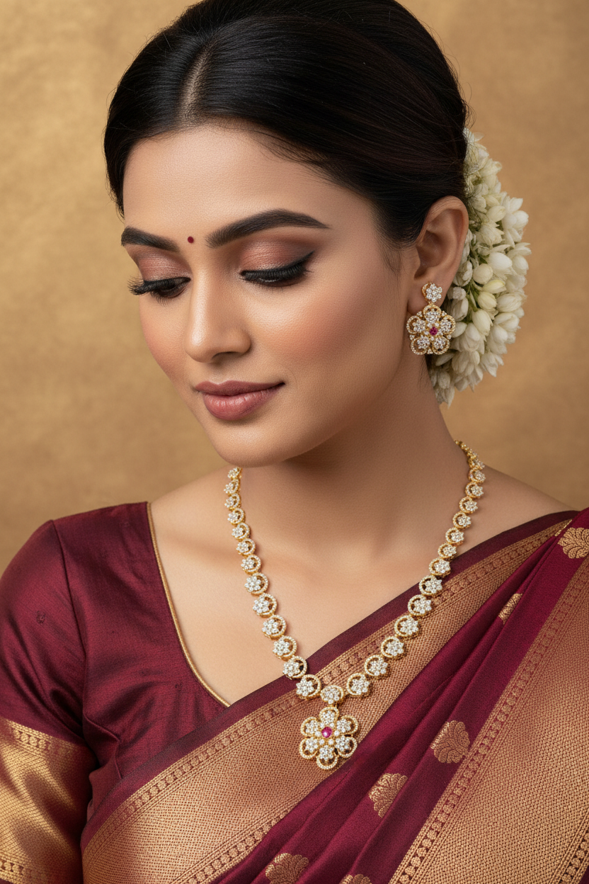 Micro Polish AD Flower Necklace Set with Back Chain