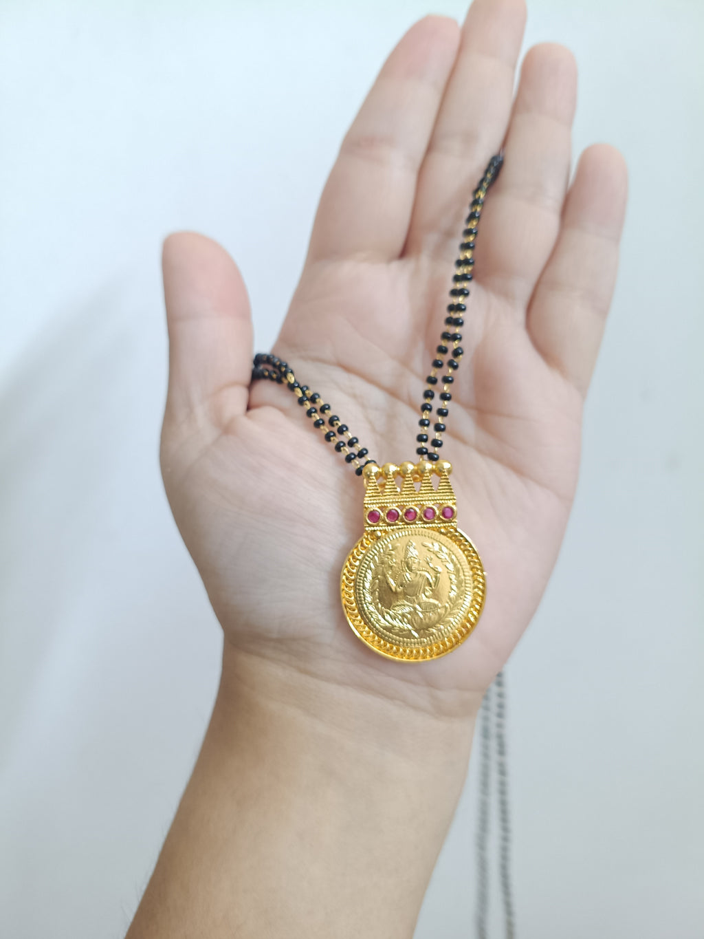 Micro Polish 2 Layer Black Bead With Lakshmi Coin Pendant (Detachable)
