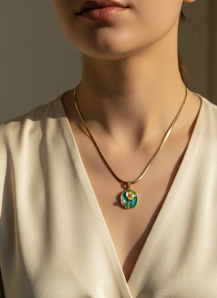 Mosaic Flower Pendant Chain Necklace Set