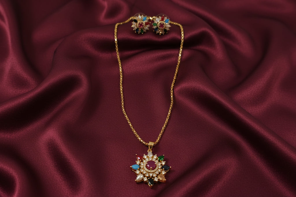 Micro Polish Navaratna Pendant Chain Necklace Set