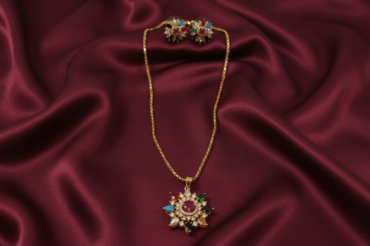 Micro Polish Navaratna Pendant Chain Necklace Set