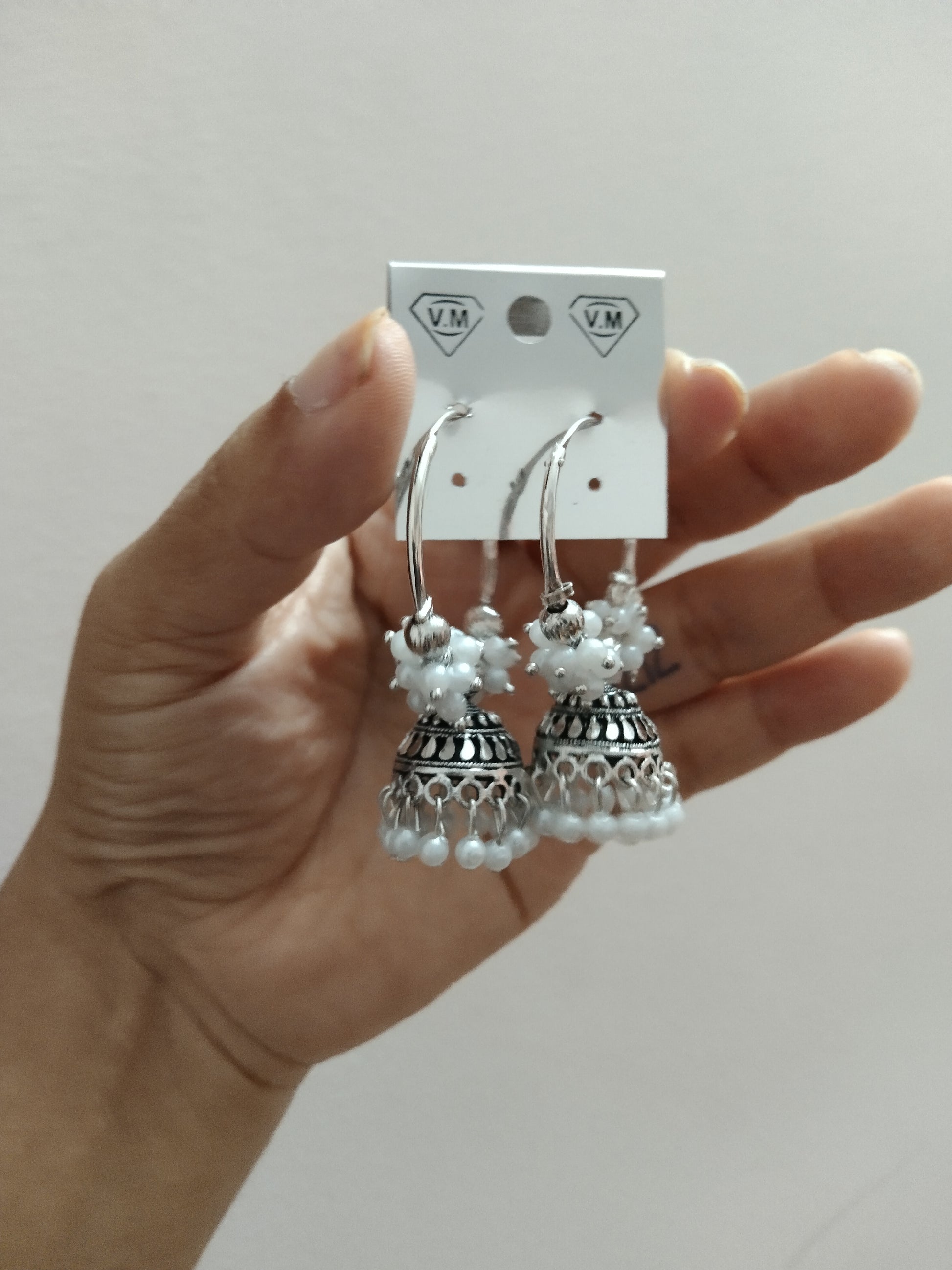 Black Metal White Pearl Ring Jhumka Earring