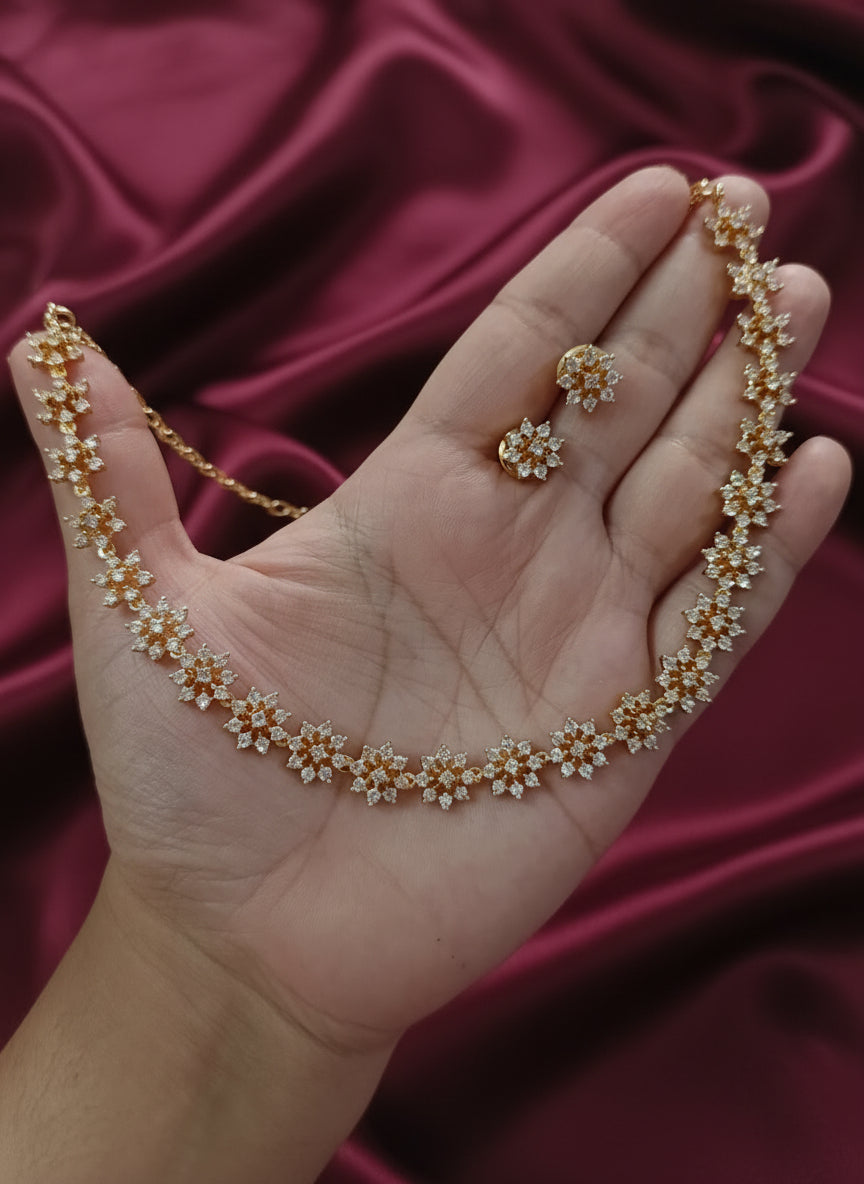 Micro polish AD Stone Flower Necklace Set with back chain